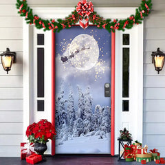 Decorative door with Christmas scene, Santa Claus in sleigh, and festive decorations.