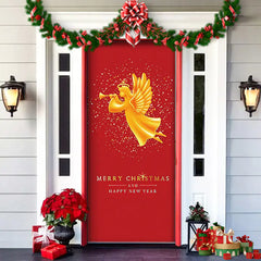 Decorative door with a gold angel and 'Merry Christmas and Happy New Year' text, surrounded by Christmas decorations.