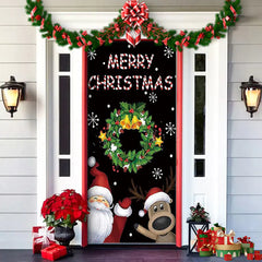 Decorative Christmas door with Santa Claus, reindeer, wreath, and 'Merry Christmas' text.
