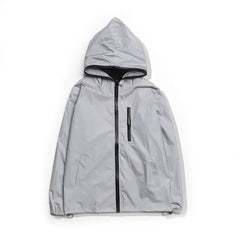 Light gray hooded jacket with black zipper on a white background, reflective jacket