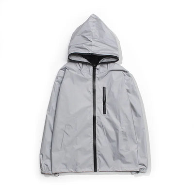 Light gray hooded jacket with black zipper on a white background, reflective jacket