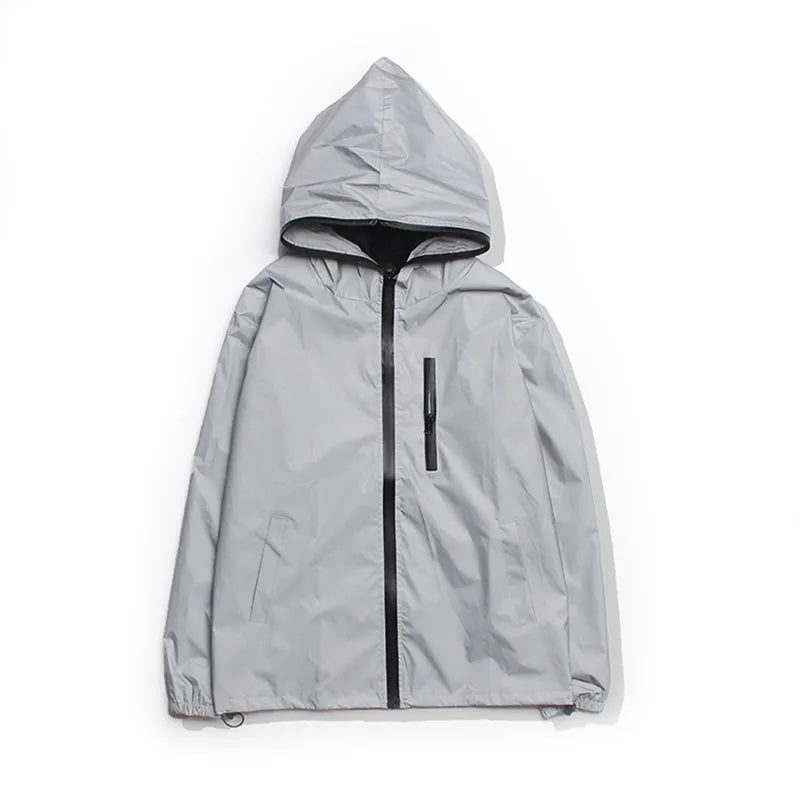 Light gray hooded jacket with black zipper on a white background, reflective jacket
