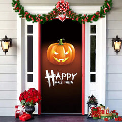 Decorative Halloween door with a pumpkin and 'Happy Halloween' text, surrounded by festive decorations.