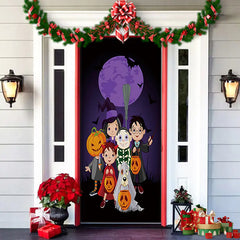 Decorative Halloween door cover with cartoon characters and decorations on a door.