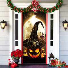 Decorative door with Halloween-themed design featuring a witch's hat and pumpkin face, surrounded by festive decorations.