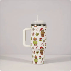 Christmas Stainless Steel Travel Mug with Handle, Lid, and Straw