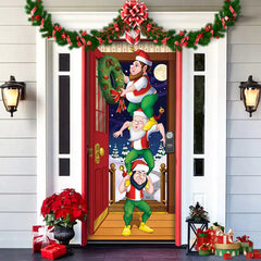 Decorative door with elves and Christmas decorations on a house exterior.