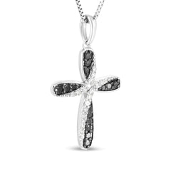 Sterling Silver Alternating Black and White Diamond Intertwining Ribbon Weave Cross 18" Pendant Necklace