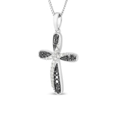 Sterling Silver Alternating Black and White Diamond Intertwining Ribbon Weave Cross 18" Pendant Necklace