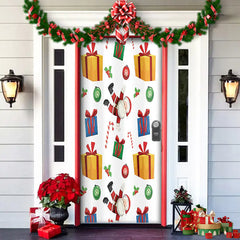 Decorative door with Christmas-themed stickers, garlands, and potted plants on a house exterior.