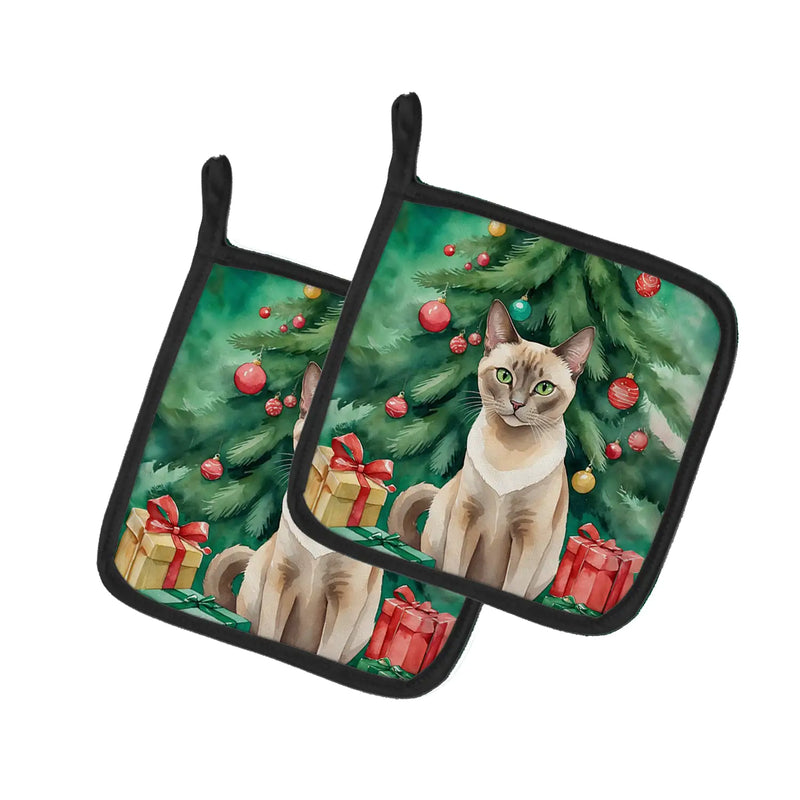 Tonkinese Cat By the Christmas Tree Pair of Pot Holders