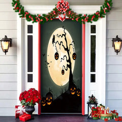 Decorative Halloween door with pumpkins, moon, and garland on a house exterior.