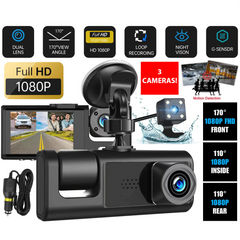 Car Dual Lens Dash Cam HD 1080P Front/Rear/Inside Video Recorder Camera G-Sensor