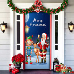 Decorative door with Santa Claus, Rudolph the Red-Nosed Reindeer, and a reindeer on a Christmas-themed background.