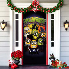 Decorative Halloween door with Minions characters and festive decorations.