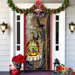 Decorative door with Halloween-themed design featuring a witch, pumpkin, and spider, surrounded by festive decorations.