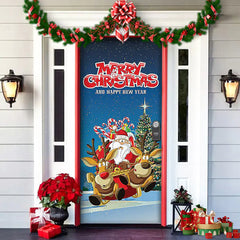 Decorative door with Christmas theme featuring Santa Claus and reindeer, surrounded by festive decorations.