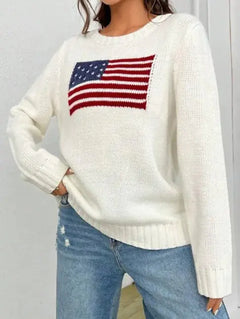 Loose Round Neck USA Flag Sweater