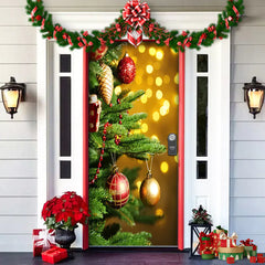 Decorative Christmas door with tree, ornaments, and lights on a house exterior.