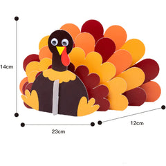 Colorful paper turkey craft with measurements on a white background