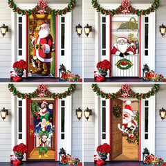 Set of four Christmas-themed door decorations featuring Santa Claus and elves on a house exterior.