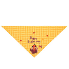 Yellow triangle-shaped bandana with a turkey and 'Happy Thanksgiving Day' text on a white background