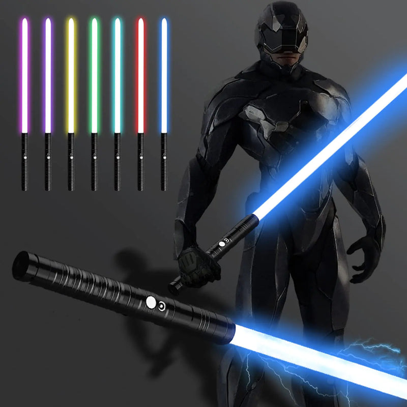 Person in a dark costume holding a glowing blue lightsaber with colorful lightsabers on a dark background.