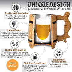 Viking Beer Mug Tankard Norse Cup for Men Stainless Steel Mug 20 oz Oak Wood