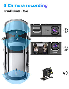 Car Dual Lens Dash Cam HD 1080P Front/Rear/Inside Video Recorder Camera G-Sensor