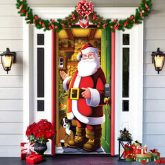 Decorative door with Santa Claus illustration and Christmas decorations on a house exterior.