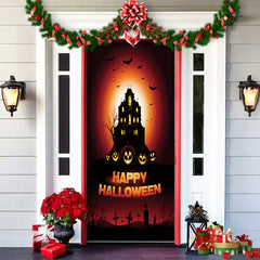 Decorative Halloween door with pumpkins, bats, and a castle silhouette.