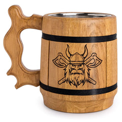 Viking Beer Mug Tankard Norse Cup for Men Stainless Steel Mug 20 oz Oak Wood