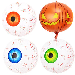Halloween-themed balloons including a jack-o'-lantern and eyeball designs on a white background.