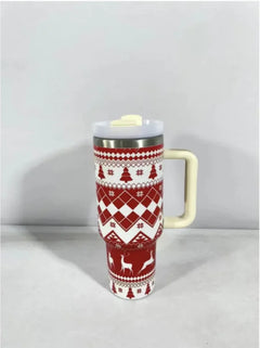 Christmas Stainless Steel Travel Mug with Handle, Lid, and Straw