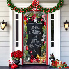 Decorative Christmas door with chalkboard, ornaments, and festive decorations.