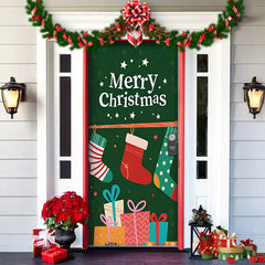 Decorative Christmas door with stockings, presents, and 'Merry Christmas' text on a green background.