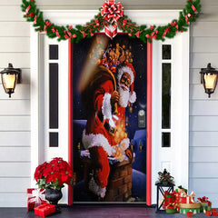 Decorative door with a Christmas scene featuring Santa Claus and a reindeer, surrounded by festive decorations.