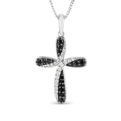 Sterling Silver Alternating Black and White Diamond Intertwining Ribbon Weave Cross 18" Pendant Necklace