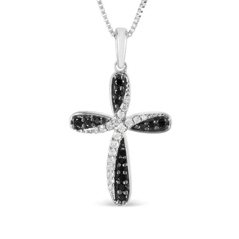 Sterling Silver Alternating Black and White Diamond Intertwining Ribbon Weave Cross 18