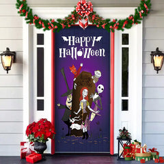 Decorative door with 'Happy Halloween' text and cartoon characters, surrounded by festive decorations.