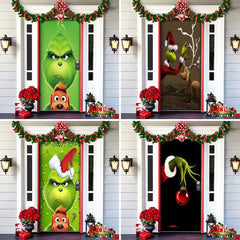 Four views of a door decorated with Christmas-themed graphics and decorations, including the Grinch and Santa Claus.